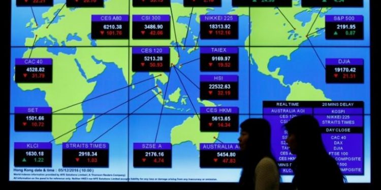 A panel displays global stock indexes at the Hong Kong Exchanges in Hong Kong, China December 5, 2016.      REUTERS/Bobby Yip