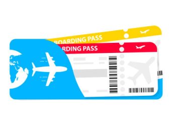 Modern airline tickets design with flight time and passenger name. Plane tickets vector pictogram. Airline boarding pass template. Vector illustration. The concept of air transportation